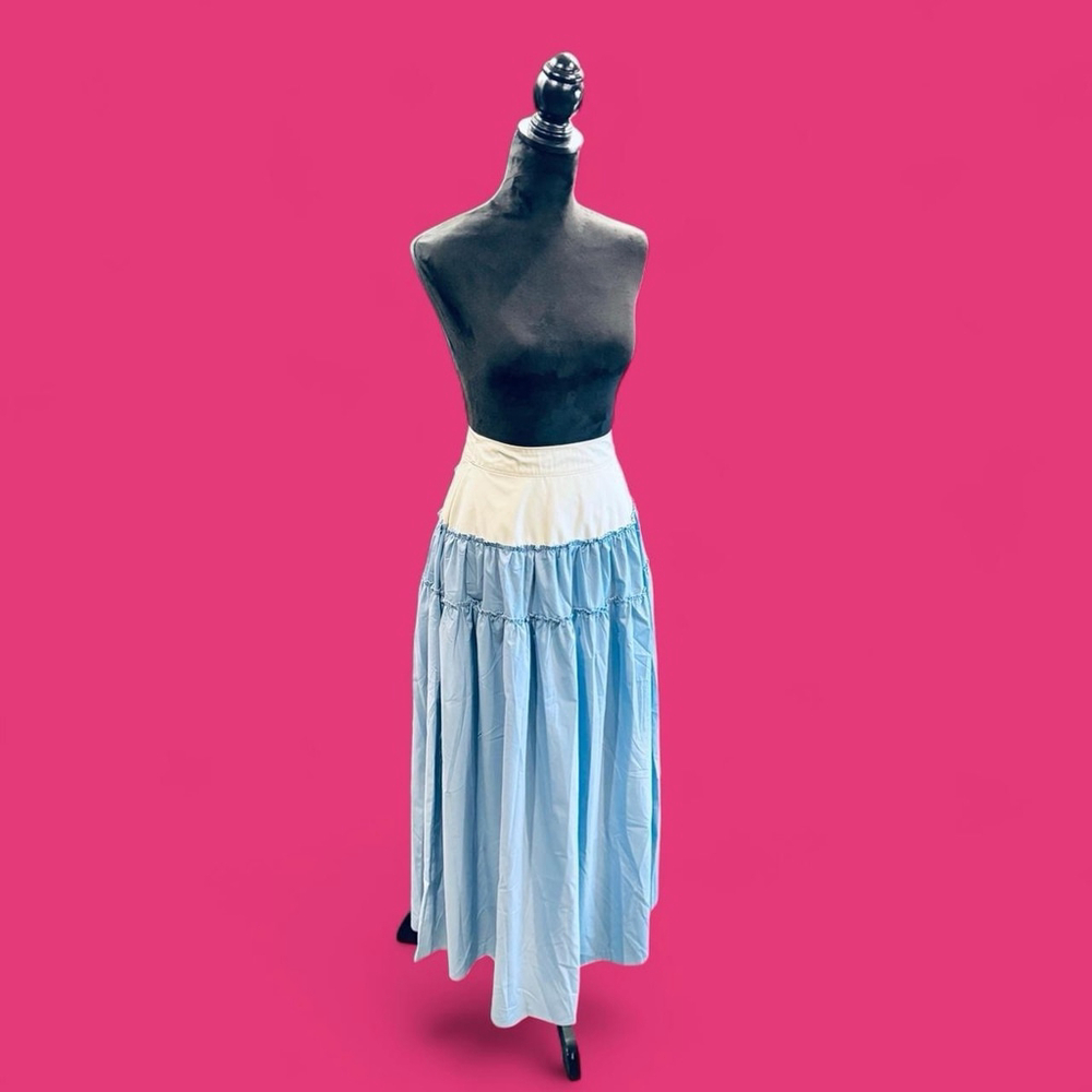 By Design Tiered Maxi Skirt Blue Prairie Cottagecore Side Zip Waist Modest MED